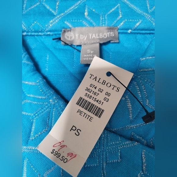 💚HP💚NWT T by Talbots Blue Silver Metallic Cotton Blend Crossover Neck Pullover - Picture 8 of 8